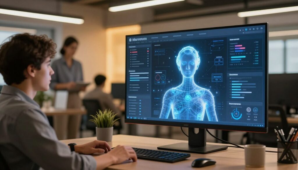 AI agent interface working alongside human B2B marketing team members in collaborative workspace