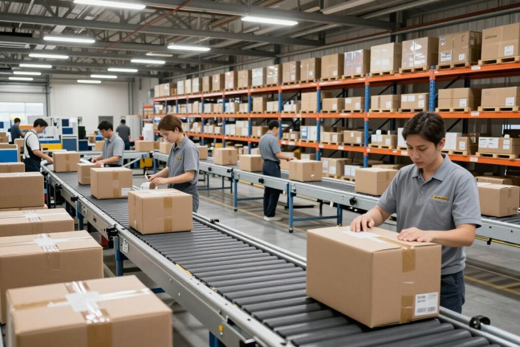 Amazon warehouse with packages being prepared for multi-channel fulfillment shipping