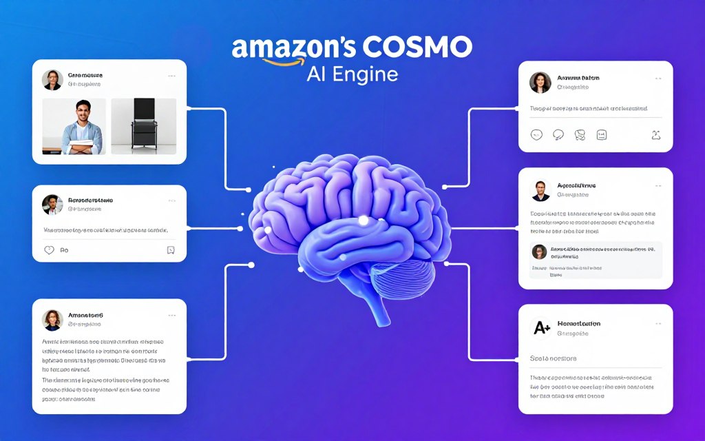 Diagram showing Amazon COSMO multimodal engine analyzing product images, reviews, and content simultaneously
