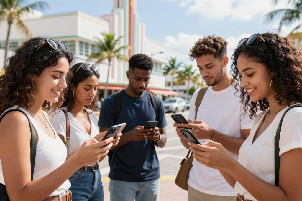 Diverse Miami shoppers engaging with TikTok Shop content on smartphones in urban setting
