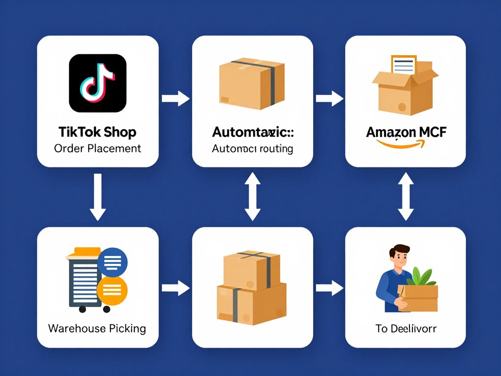 Fulfillment workflow diagram showing order routing from TikTok Shop to Amazon MCF to customer delivery