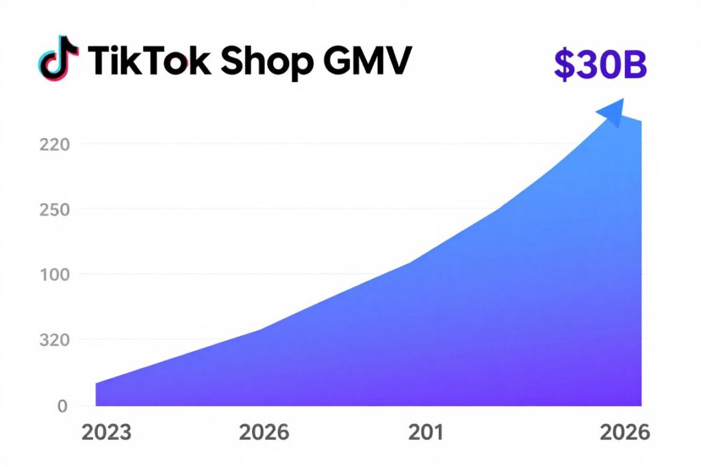 Graph showing TikTok Shop GMV growth from 2023 to 2026 reaching 30 billion dollars