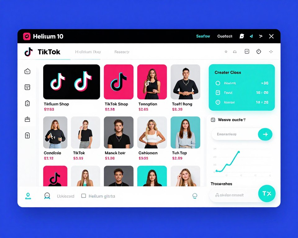 Helium 10 TikTok Shop integration showing trending products, creator metrics, and TikTok keyword search volume data dashboard