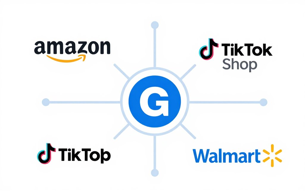 Multi-channel marketplace logos including Amazon, TikTok, Walmart Multi-channel marketplace logos including Amazon, TikTok, Walmart