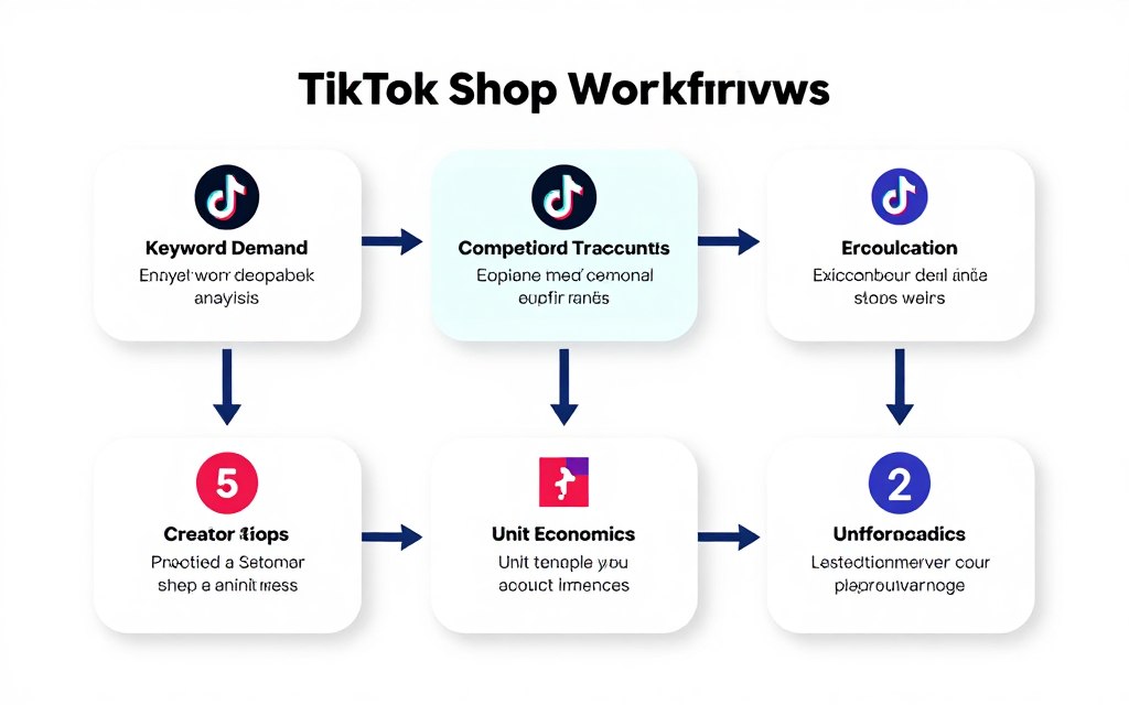 Product research workflow showing data analysis steps from keyword research to creator identification