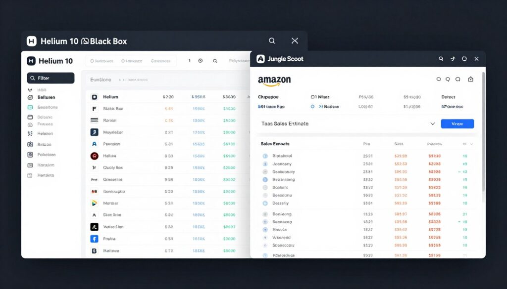 Side-by-side comparison of Helium 10 Black Box and Jungle Scout product database showing filter options and search results for home and kitchen products