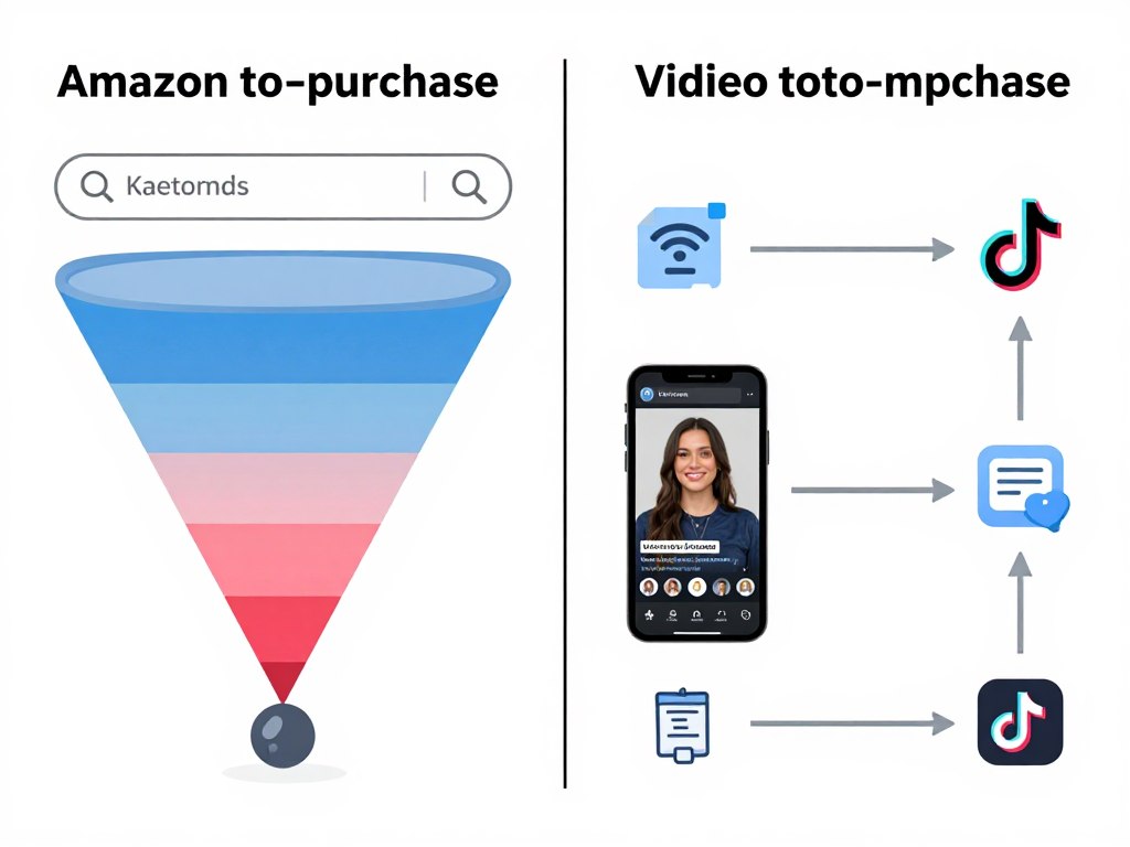 Split screen comparison showing Amazon search-based commerce versus TikTok social commerce conversion paths