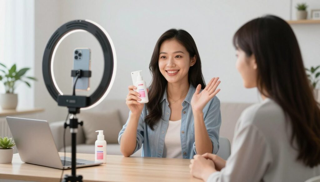TikTok creator filming product review video with ring light and smartphone setup